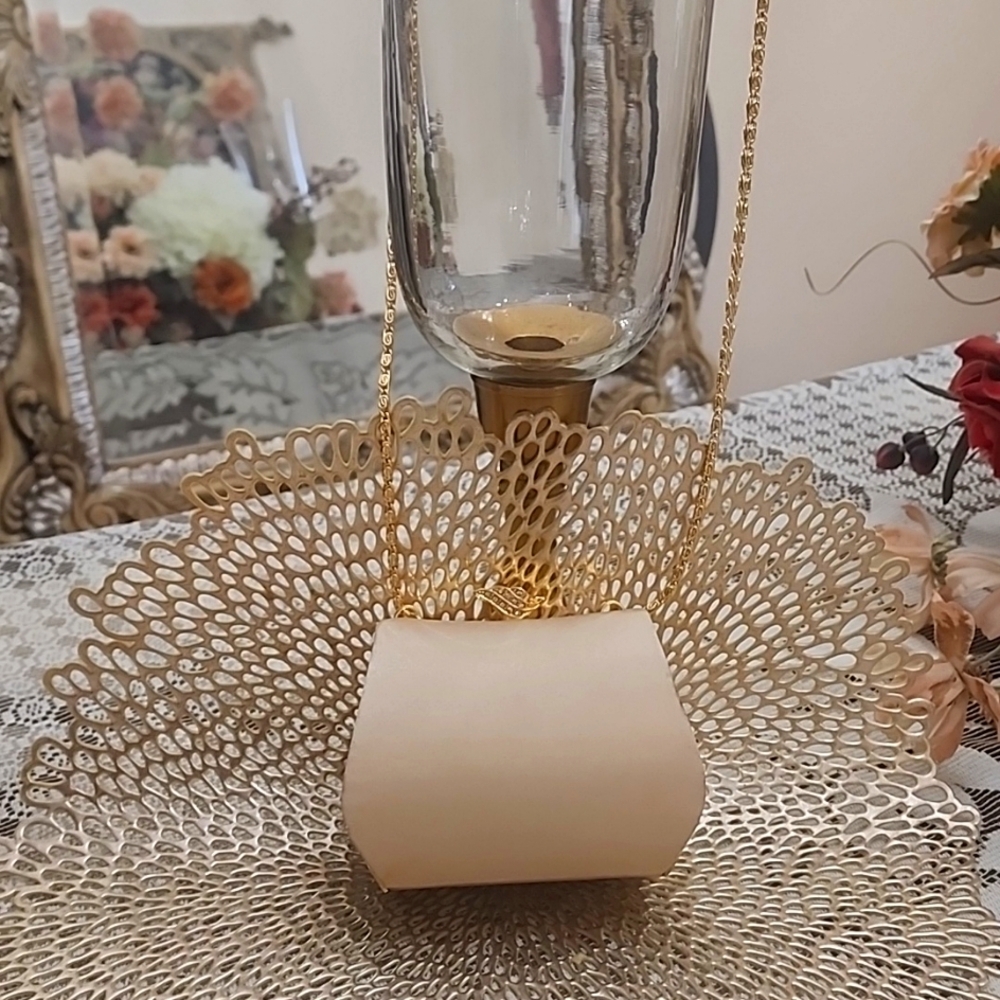 Mini gold satin, Jessica MC clintock evening purse with diamond ,and gold chain